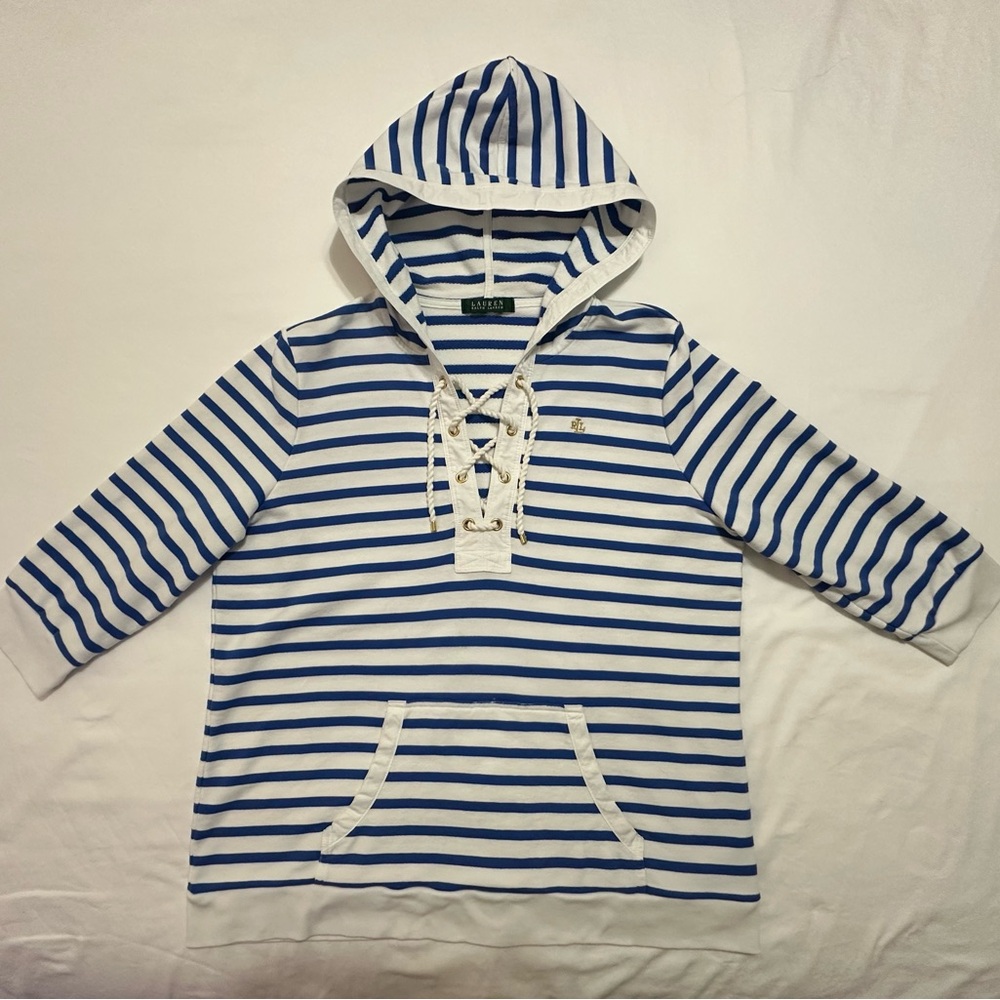 RALPH LAUREN BLUE WHITE STRIPED NAUTICAL V-NECK HOODIE POCKET XL SAILING PREPPY - Picture 3 of 10